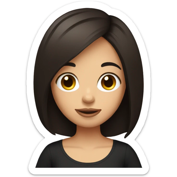 Girl with dark brown bob haircut and fair skin and black t-shirt holding a potato  sticker