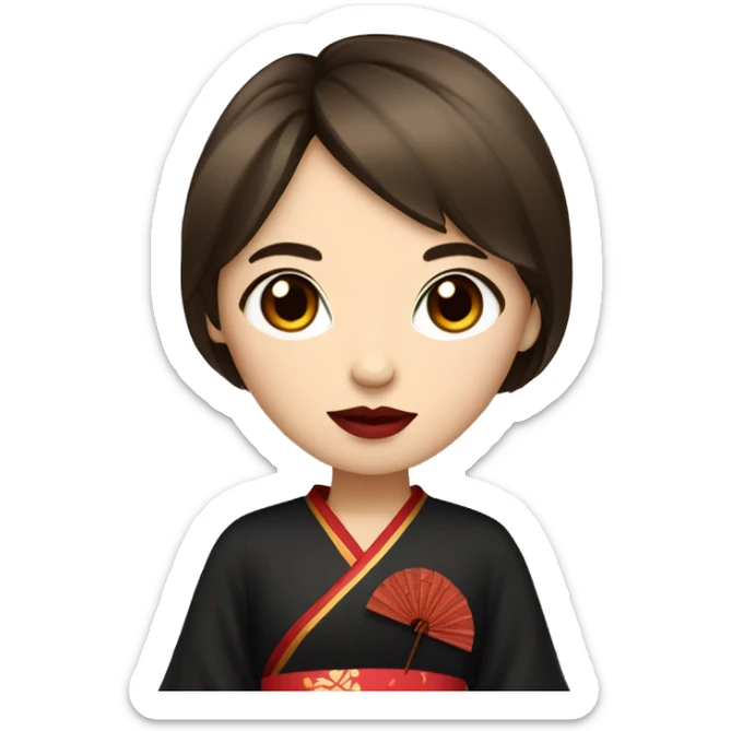 Girl with brown hair and brown eyes red lips wearing black with Chinese fan in hand sticker