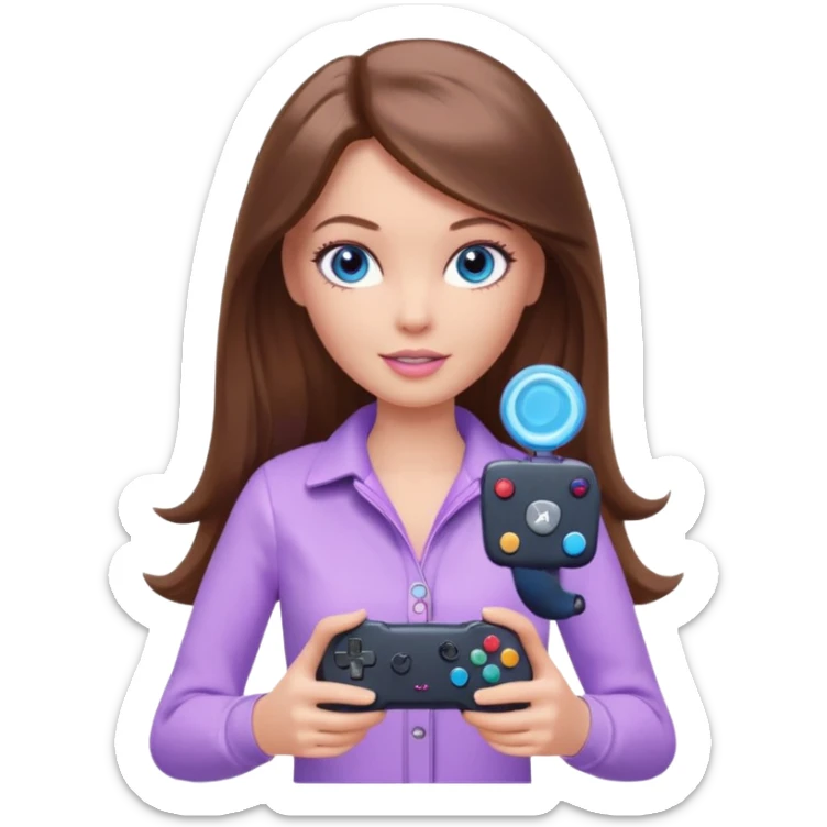 beautiful barbie girl with long brown hair, blue eyes and wearing light purple clothes playing console games with controller sticker