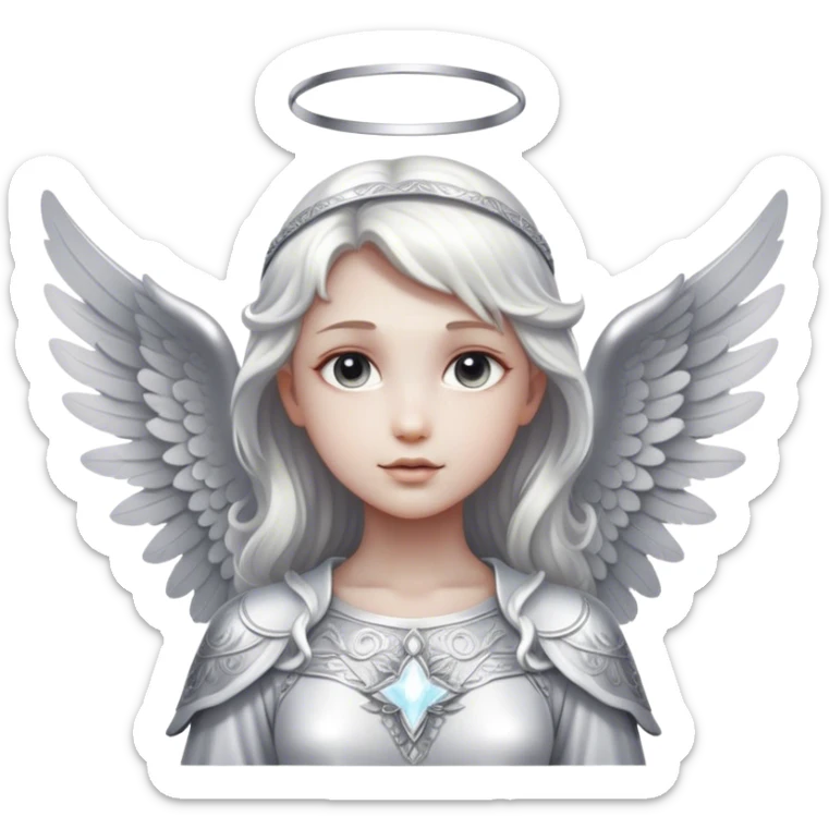 Cinematic Angel, Ultra realistic 32k HD, Breathtaking piece of art, rim lighting, hauntingly beautiful art, mostly greyscale, Balanced features, highly detailed digital artwork, glowing with silver light, glowing, high shine, deviant adoptable, highly detailed clothing, remembrance, a painting of white silver, fanciful, enchanting, ghostly, embodying the essence of both reality and fantasy, dreamy, dreamy glow, optical illusion, immaculate composition, complex pose, air composition. The image is so lifelike that it feels as though it could leap off the canvas at any moment sticker