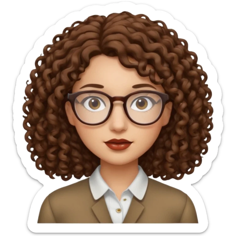 Young woman, curly brown hair, shoulder-length, brown lips, glasses sticker
