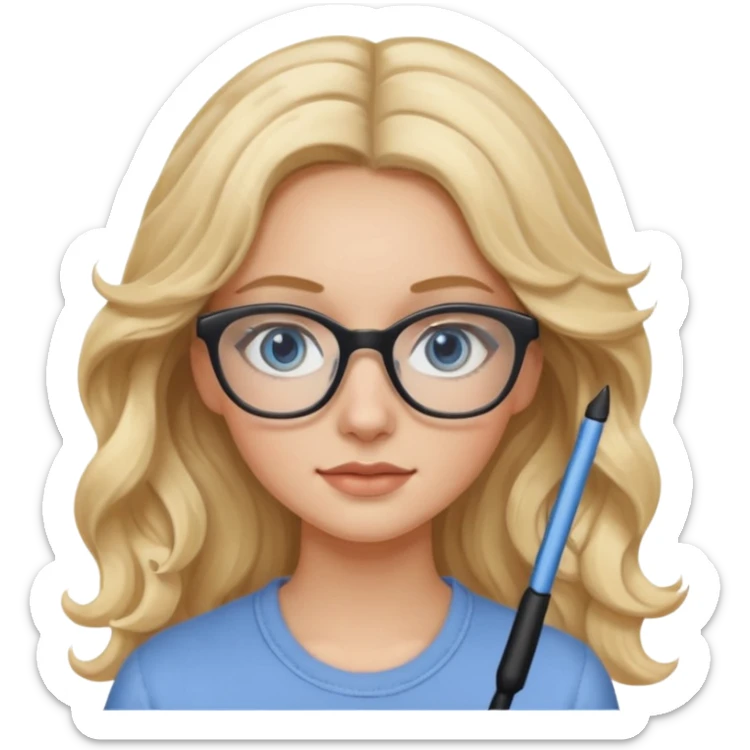 Fille 20ans qui a des cheveux long et blond et wavy avec des lunettes et des yeux bleu- gris avec du mascara sticker