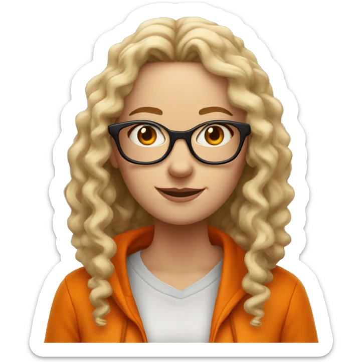 White woman with long curly hair with mischievous look and orange hoodie on. Wearing glasses but one has a dark lense and one side  is missing a lense  sticker