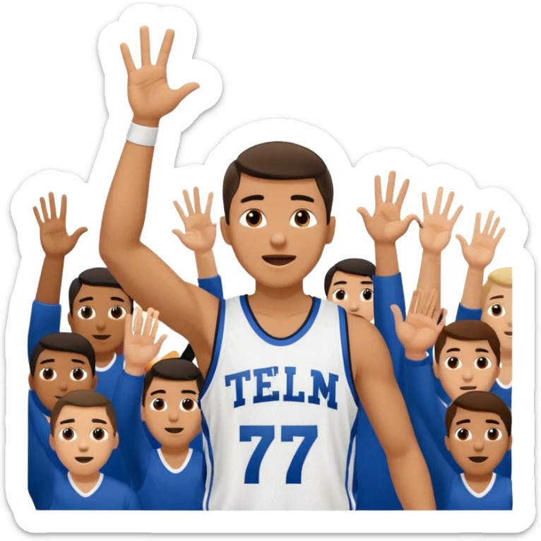 Maverick Trevillian in the crowd at an amateur basketball game. He leans towards the camera and enthusiastically shouts "six seven while performing a distinctive hand gesture: both hands open, palms facing upward, moving up and down as if weighing two options. sticker