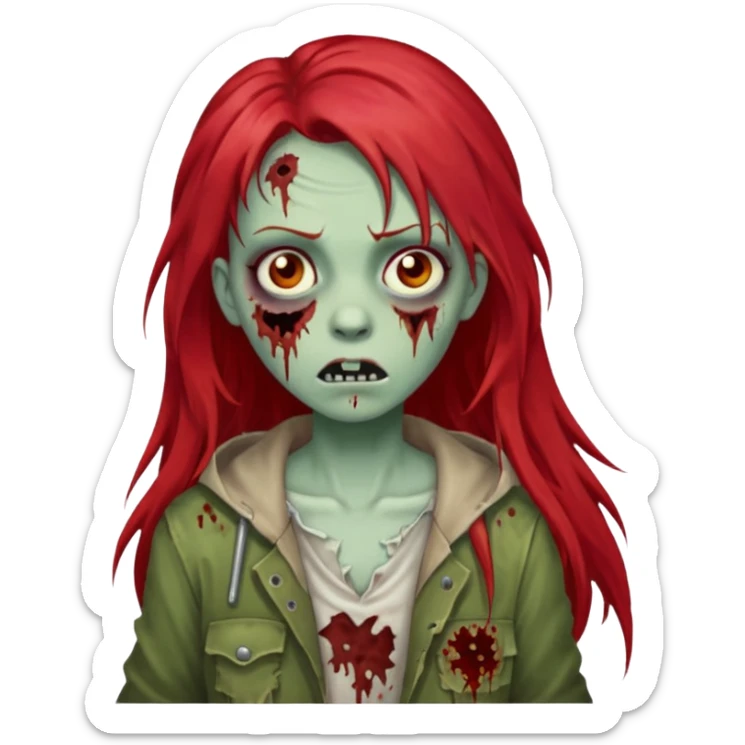 i want a pretty zombie girl emoji with red long hair with a white png sticker