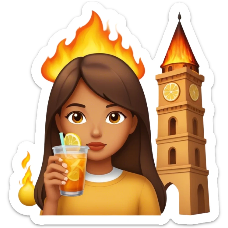 A tower is burning down but the girl is still chilling in front of it sipping iced lemon tea sticker