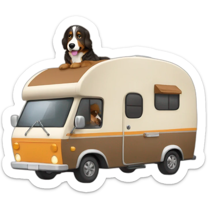 bernese mountain dog driving a camper with a brown hair girl sticker