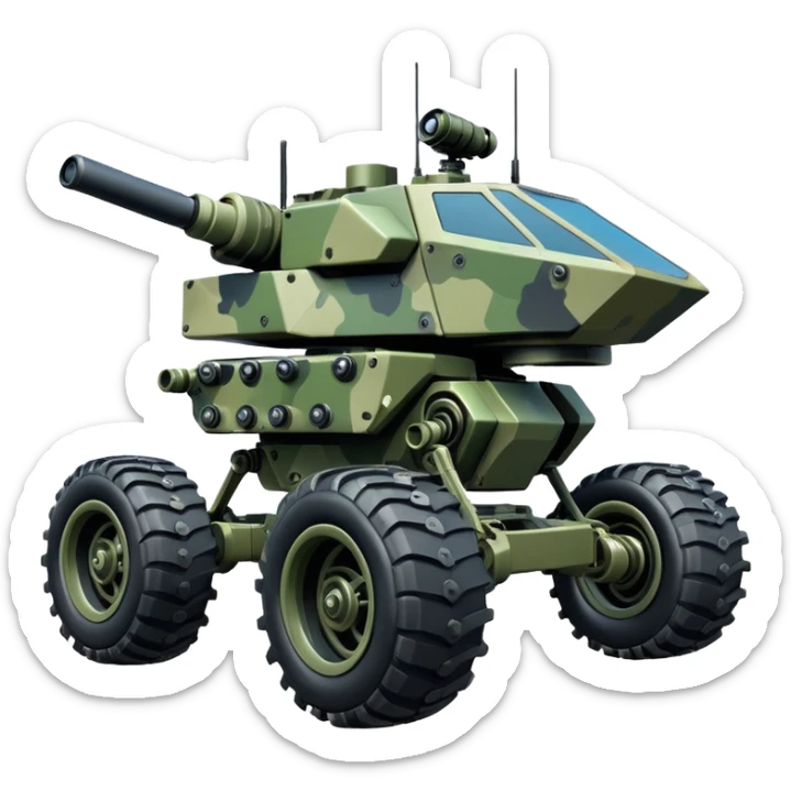 a roomy 4-wheel armored personnel stealth camouflage army massive mech trail vehicle shooting forward side-hill leaning actively independent suspended pod gimbal enemy mech off-road racing rover with large fast engine RC basher  sticker