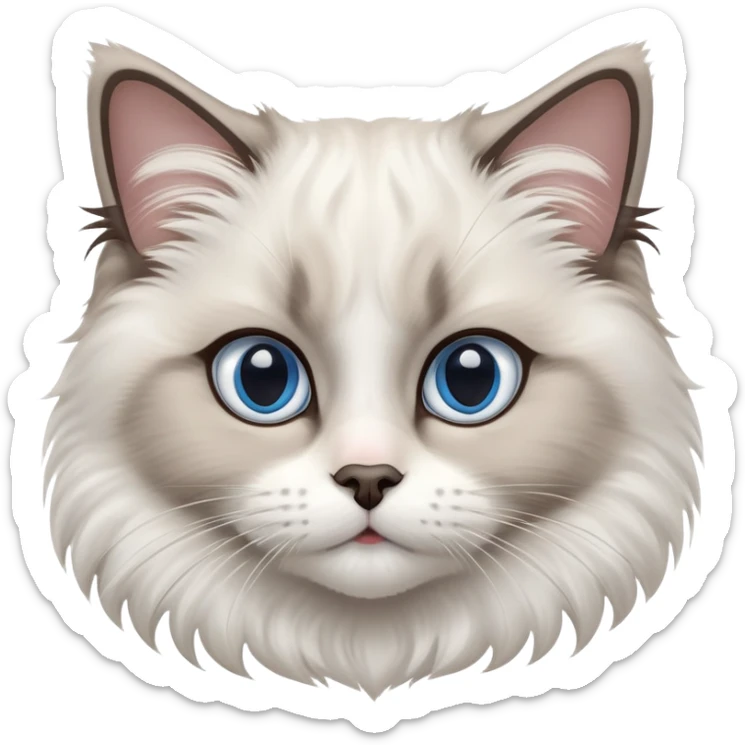 cinematic-adorable-big-eyed-fluffy-ragdoll-cat-portrait-emoji,-head-tilted-playfully-with-a-sweet-expression,-fluffy-white and grey-fur,-simplified-yet-irresistibly-cute-features-with-large,-expression, blue eyed ragdoll cat sticker