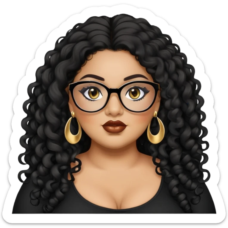 big plus size, latina, darker tan skin, long black curly hair, baddie,pretty, makeup, lipgloss, black eyeliner, long hair, small gold earrings, black top, black glasses sticker