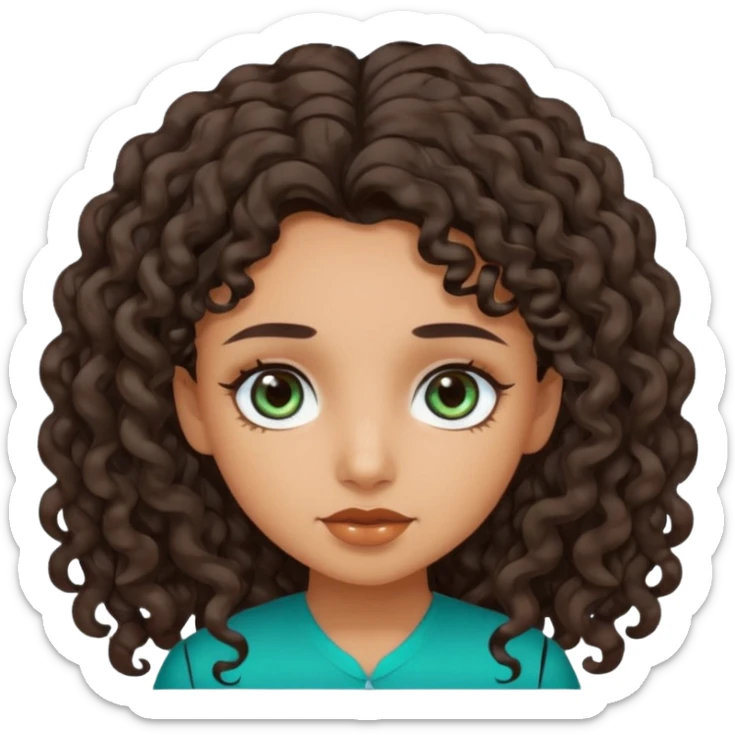 Girl with olive skin, teal eyes, and dark brown loose curly long hair sticker
