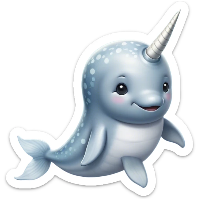 Cinematic Noble Cute Narwhal Portrait Emoji, Poised and graceful, with a streamlined, gently curved body clad in mottled, silvery-gray skin, accented by a long, spiraled ivory tusk and wide, expressive eyes radiating playful intelligence, Simplified yet sharp and sophisticated features, highly detailed, glowing with a cool, frosted ocean glow, high shine, intelligent and enigmatic, stylized with an air of whimsical marine majesty, focused and graceful, soft glowing outline, capturing the essence of a watchful and confident cute narwhal that appears ready to glide out of the screen with effortless charm! sticker