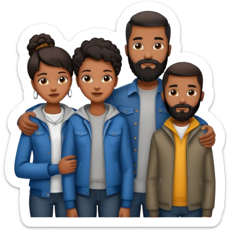 A loving black family of four (4). With a mother,  a 13 yr old son, a 15 yr old daughter, and a father with a full beard, all dressed in urban chic clothing sticker