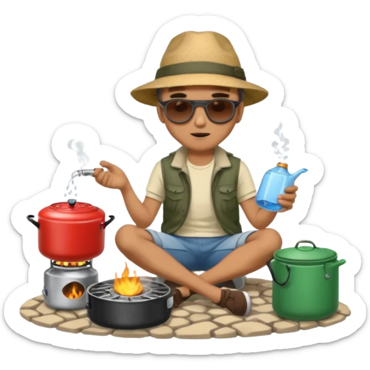 A man camper boiling water on a portable stove, enjoying the outdoor breeze sitting on the ground
 sticker