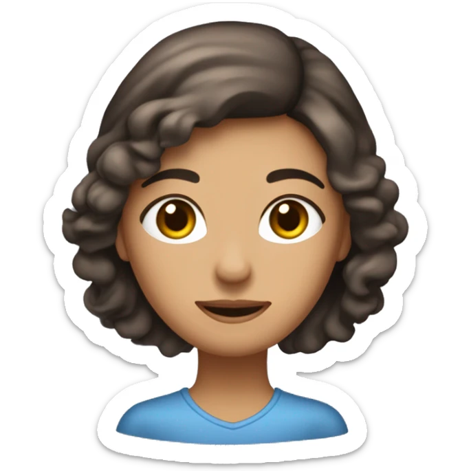 La imagen muestra a una mujer con cabello castaño oscuro recogido y un mechón suelto. Tiene una expresión suave y amigable, con ojos azules destacados y mejillas ligeramente sonrojadas sticker