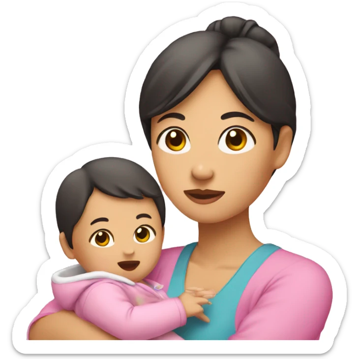 An Asian woman holds a baby with one hand, a pink package in the other hand sticker