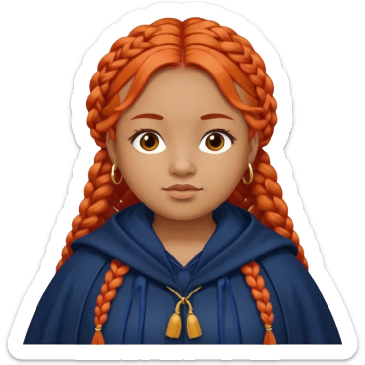 red orange braids hair girl, tan skin, fat, wear navy cloak sticker