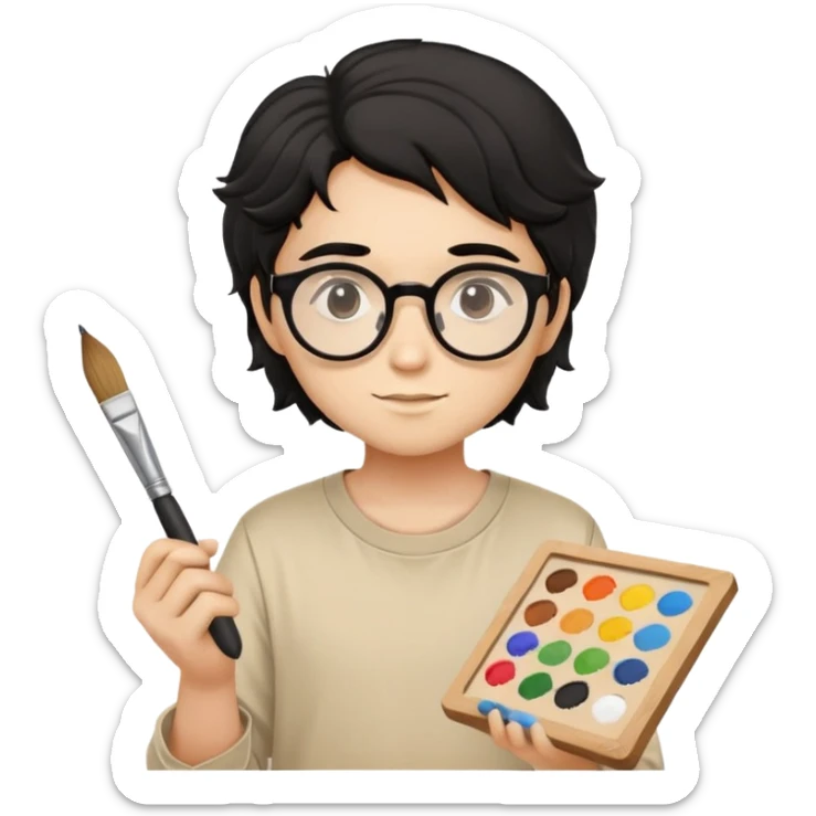 Reliable young painter with round glasses, wavy black hair, beige art shirt, with square paintbrush sticker