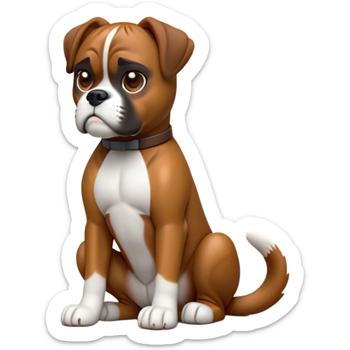 cinematic-[boxer dog]-realistic-full-body-sitting-emoji,-tail-resting-loosely-beside-its-paws,-head-tilted-dramatically,-sleek-[brown]-fur,-simplified-yet-realistic-focused-features,-highly-detailed,-glowing-with-an-almost-sarcastic-glow sticker