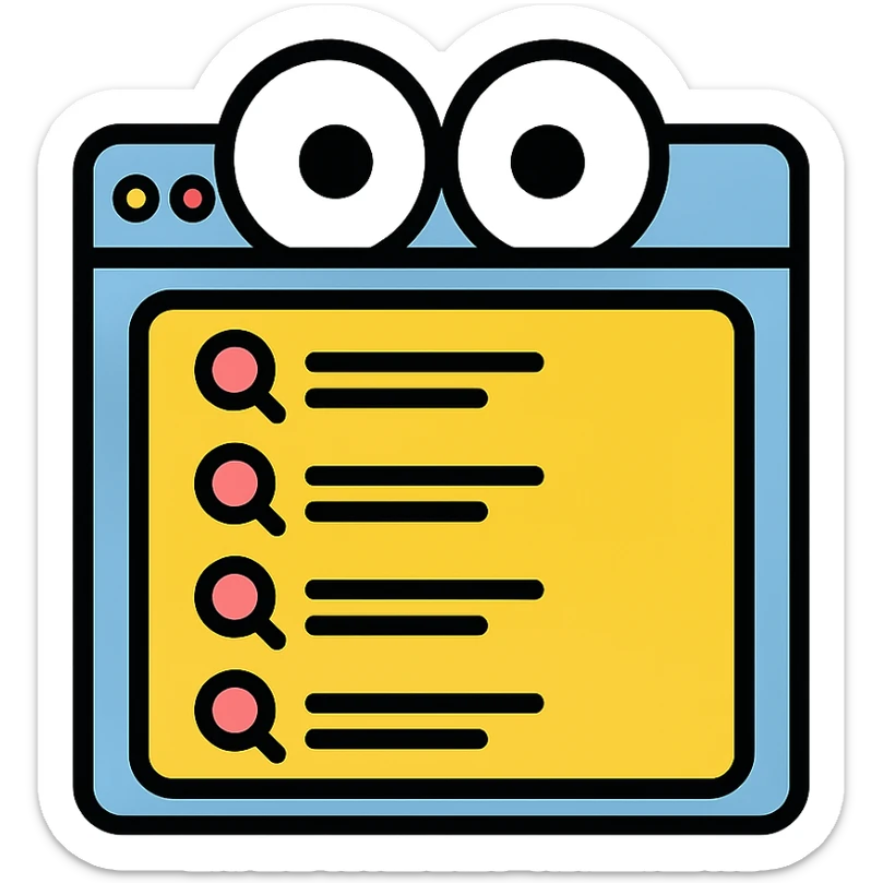 funny icon of a browser window with shocked eyes peeking over a search history list sticker