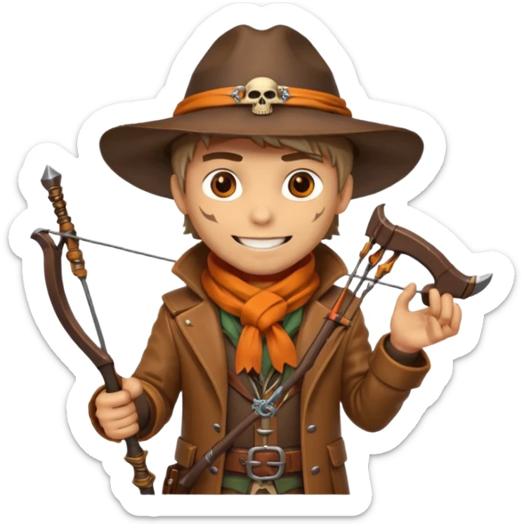 male human monster hunter emoji, wearing brown leather coat and wide hat, holding crossbow or rifle, with amulet shaped like skull, Halloween fantasy theme, confident smile, orange scarf, Apple emoji style, clean white background, square image sticker