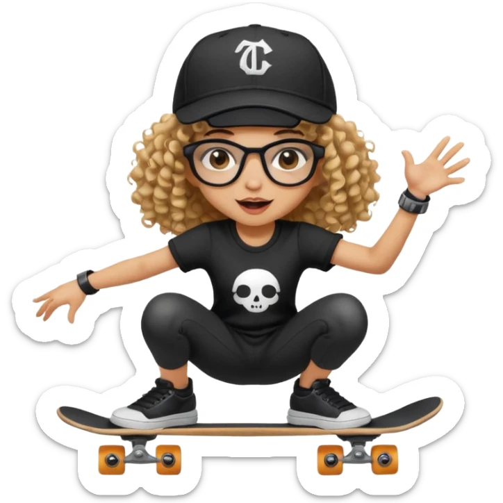 ["An excited girl with light skin, curly hair, wearing a baseball cap and square glasses, dressed in goth fashion, is skateboarding while holding a camera."] sticker
