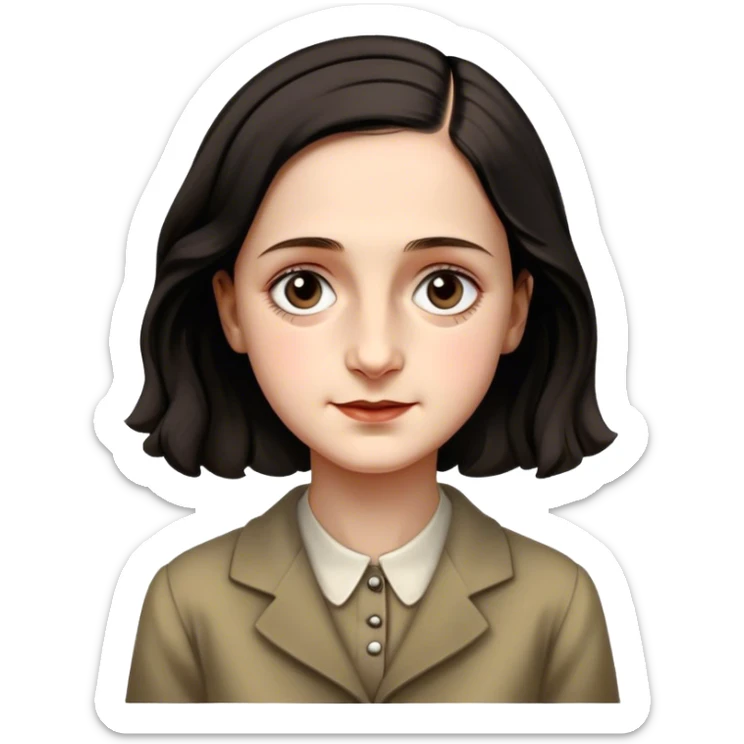 Anne Frank – Cinematic Realistic Portrait of Anne Frank, depicted with a reflective, gentle expression in period clothing, her eyes conveying hope and resilience, rendered with soft, natural lighting and delicate textures that capture the poignancy of her legacy. sticker