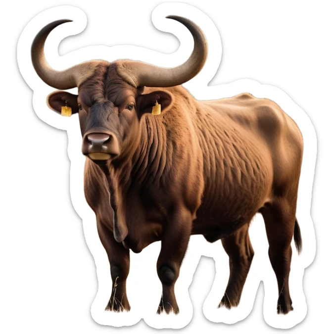 Cinematic Noble Domestic Ox Portrait Emoji, Poised and stalwart, with a massive, muscular build and a thick, smooth hide in deep earthy tones, prominent, curved horns, and steady, soulful eyes, Simplified yet sharp and sophisticated features, highly detailed, glowing with a warm, dignified glow, high shine, intelligent and dependable, stylized with an air of timeless strength, focused and attentive, soft glowing outline, capturing the essence of a watchful and confident ox that feels as though it could plod out of the screen with effortless authority! sticker