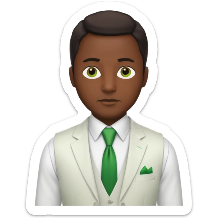 businessman, black skin, brown eyes, white suit vest, green tie sticker
