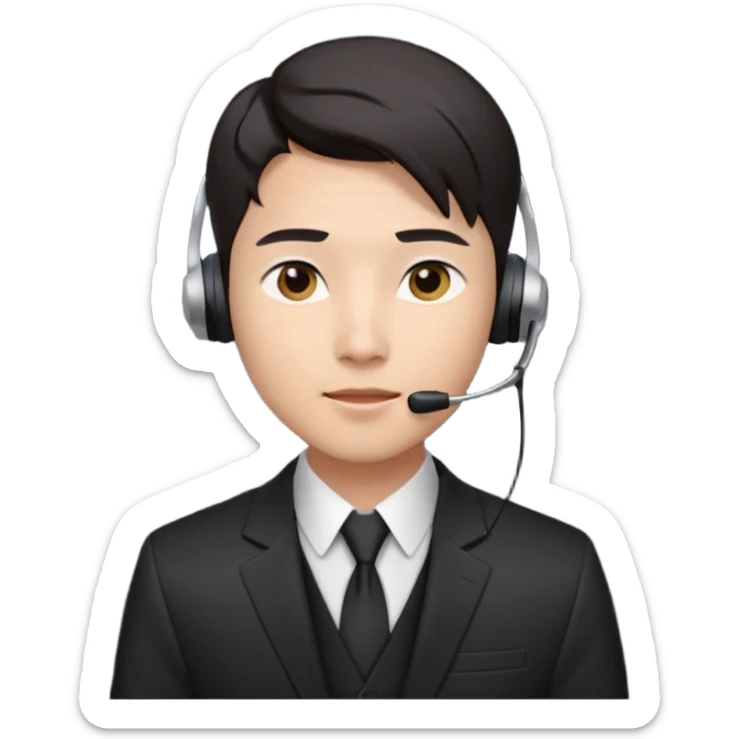 A young Asian man with smooth light skin, dark hair that swoops upward in the front, expressive eyes, a clean-shaven face, and a call-center style headset over one ear, usually paired with a crisp shirt and suit jacket visible from the chest up. sticker