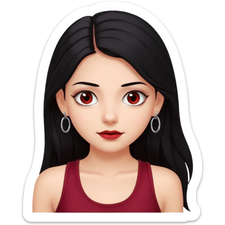 a pretty bratz fair girl with long black hair, kajal under eyes, small silver hoop. Dark cherry red tank top on.  sticker