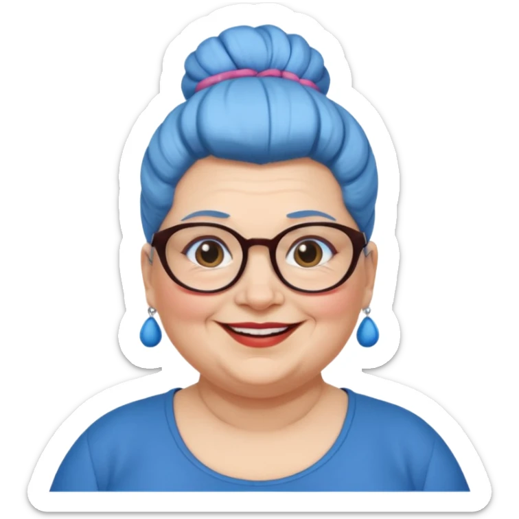 fat old woman with blue big bun hair and glassess, no earrings sticker