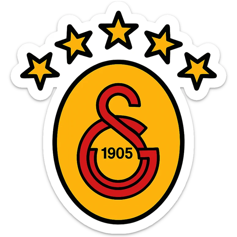 Galatasaray emblem with 5 stars above, yellow and red palette, sleek modern logo, minimalistic, color outline icon style sticker