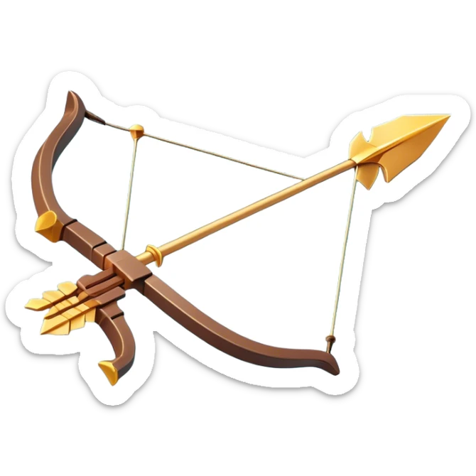 Clash of Clans aesthetic: Cinematic Playful Pixel 3D Bow & Arrow Portrait Emoji, rendered in a 3D vector-style similar to standard emojis with minimal shading and bold, simplified shapes. A compact, distinct form with signature details, softly glowing with a pixelated adventure charm. Simplified yet unmistakably iconic, highly detailed and consistent, glowing with a soft radiance and high shine. Stylized with a touch of classic pixel-art charm and a soft glowing outline, capturing the essence of a beloved gaming relic with a friendly, playful manner! sticker