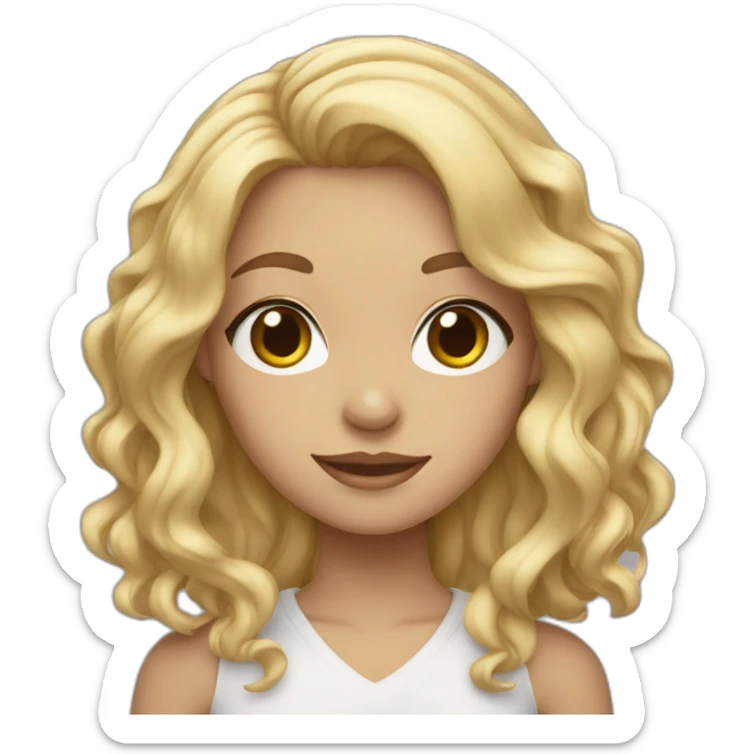 blonde girl with shoulder length wavy hair and grey eyes holding peace sign sticker
