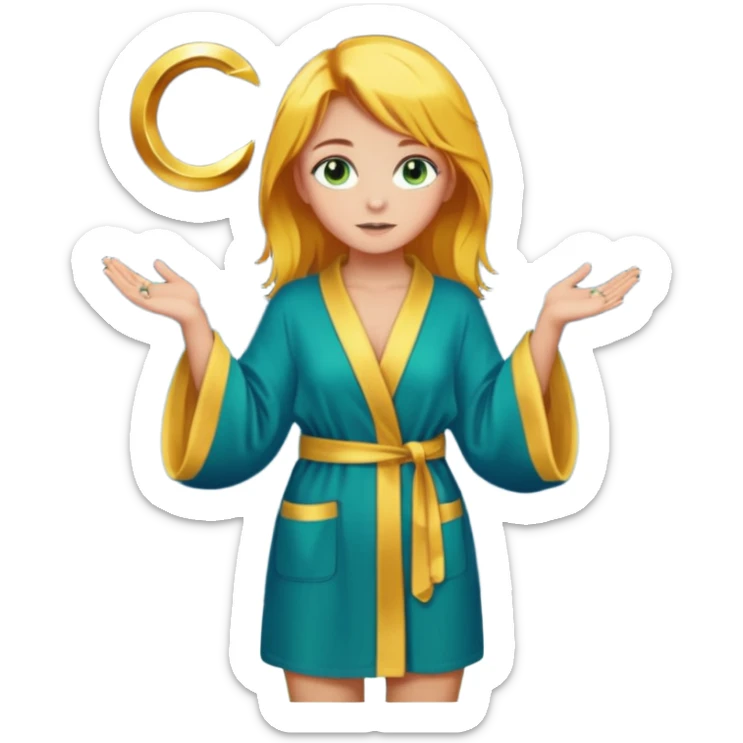 lightly tanned skin, green-blue eyes, cute and sexy girl with bright yellow-brown hair in a dark sky pallete robe, golden rings, slight cute makeup, full body sticker