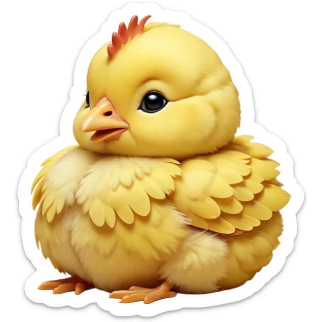 Meme-Worthy Cute Sleeping Yellow Baby Chicken Portrait Emoji, Head resting peacefully with a contented smile, showcasing a delightfully tiny build and a luxuriously soft bright yellow downy coat, eyes shut in a serene, restful nap, Simplified yet hilariously adorable features, highly detailed, glowing with a soft, drowsy light, high shine, relaxed and utterly lovable, stylized with an air of playful laziness, bright and heartwarming, soft glowing outline, capturing the essence of a comically sleepy chick, so meme-worthy it feels like it could instantly become the next viral sensation of adorable slumber! sticker
