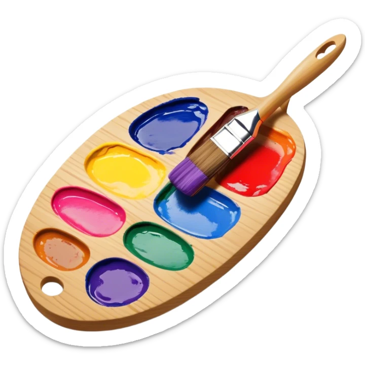 Cinematic Realistic image of a vibrant paint palette and brush, featuring a wooden palette smeared with an array of richly blended colors and a finely detailed brush with soft, delicate bristles, set against a softly textured background that evokes artistic inspiration sticker
