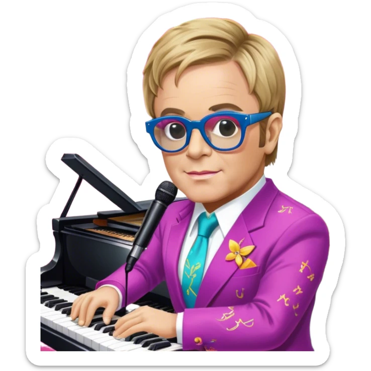 Pop music icon: Elton John at the piano in signature glasses and colorful outfit, George Michael holding a microphone in stylish attire. Stage lights and musical notes in the background. Transparent background. sticker