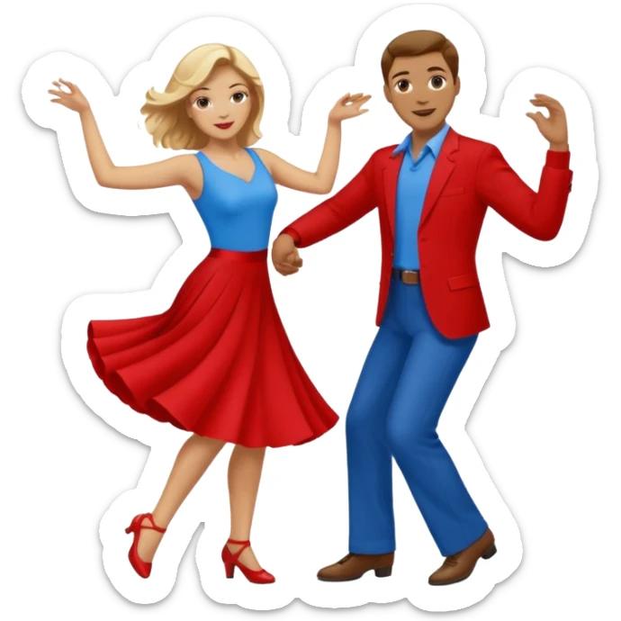 Two people. Man  wearing all red  with brown hair. Women iall blue with blond hair. Swing Dancing.  sticker