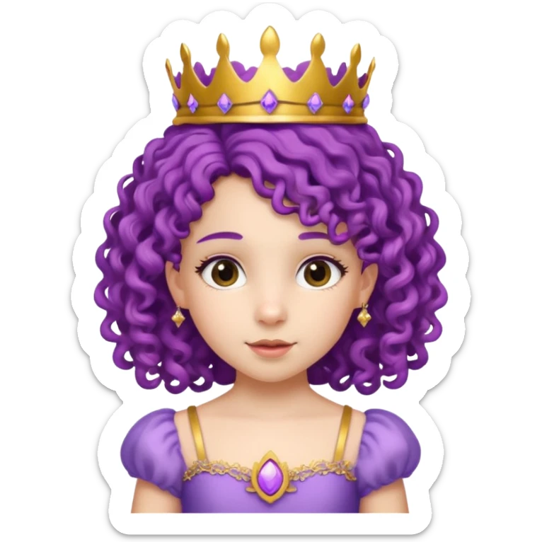 Princesses kid girl, with Gold Crown and flower on purple curly hair, with white dress sticker