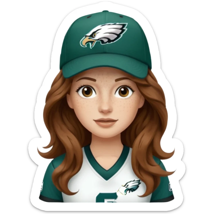 White girl with long medium brown wavy hair and freckles wearring a Philadelphia eagles jersey and hat sticker