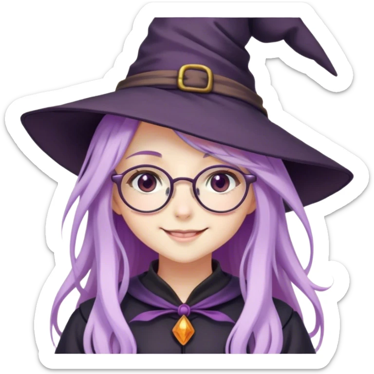 cute anime girl with long lilac hair in witch hat and glasses smiling sticker