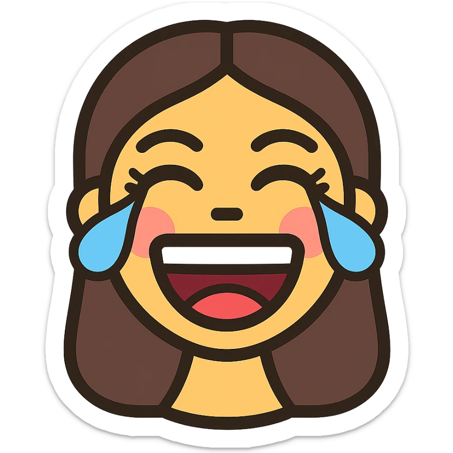 vibrant vector emoji of a female face laughing, eyes closed with tears of joy, mouth wide open showing teeth and tongue, rosy cheeks, long eyelashes, makeup details, bright and playful, smooth lines, energetic expression sticker