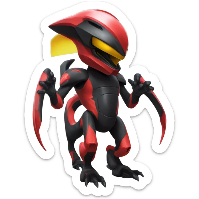 a shiny black-red-yellow Genesect-Raptor-Fakémon—hybrid with a futuristic visor-helmet full body sticker