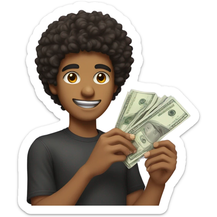 brown skin teenager with a black curly afro and a stubble thin mustache holding alot of money in both hands  sticker
