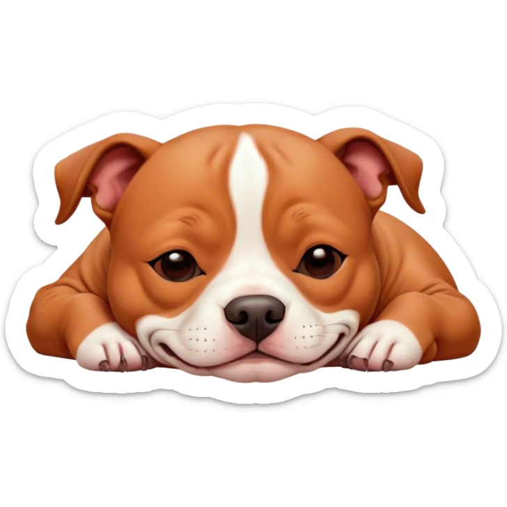 Meme-Worthy Cute Sleeping Red/Fawn Staffordshire Bull Terrier Portrait Emoji, Head resting peacefully with a contented smile, showcasing a delightfully compact build and a luxuriously soft red/fawn Fur with subtle white highlights, eyes shut in a serene nap, Simplified yet hilariously adorable features, highly detailed, glowing with a soft, drowsy light, high shine, relaxed and utterly lovable, stylized with an air of playful laziness, bright and heartwarming, soft glowing outline, capturing the essence of a comically sleepy guardian, so meme-worthy it feels like it could instantly become the next viral sensation of adorable slumber! sticker