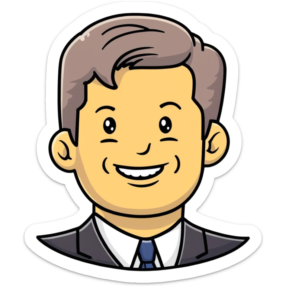 John F. Kennedy portrait with his classic hairstyle and smile sticker