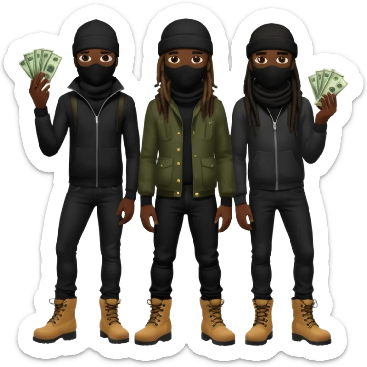 Group of African American men with dreadlocks wearing black ski masks covering their face wearing black skinny jeans and black timberland boots holding money and drugs sticker