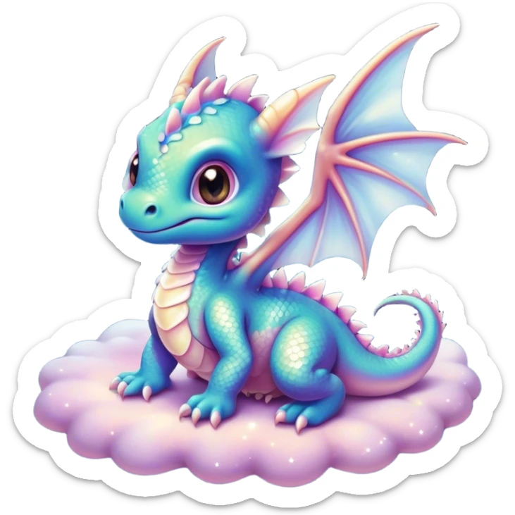 Airbrush painted image of an adorable little baby dragon under a deep galactic sky with pearlescent scales and wings spread against the stars sticker